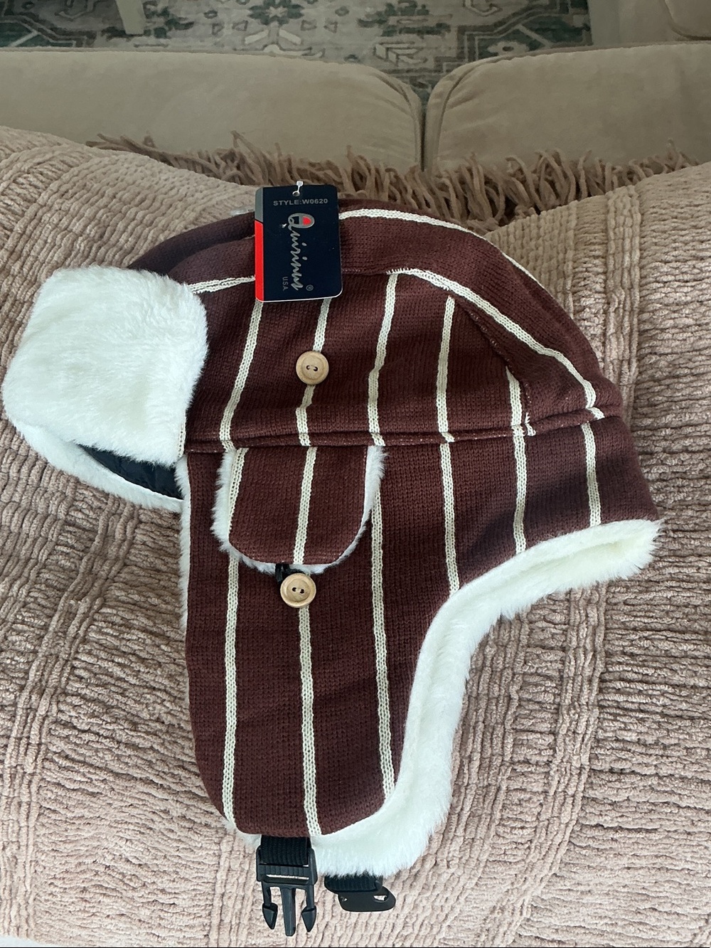 Unbranded Brown Striped Faux Fur Trapper Hat - Warm Lined Earflap Cap